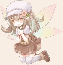 Rule 34 | 1girl, :d, bad id, bad pixiv id, belt, blush, braid, brown hair, fairy wings, female focus, flower, full body, hair flower, hair ornament, hands on own chest, hat, i sanno, kneeling, long hair, open mouth, orange eyes, original, pixiv fantasia, pixiv fantasia 5, pointy ears, simple background, smile, solo, thighhighs, wings
