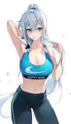 Rule 34 | 1girl, arm up, armpits, bare shoulders, blue eyes, blue nails, blush, breasts, candy, cleavage, collarbone, food, grey hair, highres, large breasts, lollipop, long hair, looking to the side, midriff, navel, original, pants, ponytail, solo, sports bra, sweat, ttosom, very long hair, white background, yoga pants