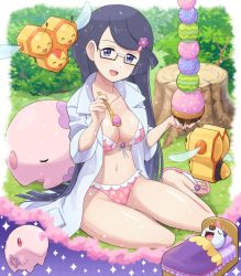 Rule 34 | 1girl, absurdres, bikini, black-framed eyewear, black hair, blue eyes, bowl, breasts, bush, cleavage, collarbone, combee, commentary request, creatures (company), day, fennel (pokemon), food, game freak, gen 4 pokemon, gen 5 pokemon, glasses, grass, hair ornament, head tilt, highres, holding, holding bowl, holding spoon, ice cream, lab coat, long hair, looking at viewer, medium breasts, munna, navel, nintendo, open mouth, oshawott, outdoors, pink bikini, pink footwear, pokemoa, pokemon, pokemon (creature), pokemon bw, sandals, sitting, sleeping, smile, spoon, swimsuit, toes, tongue, tree stump