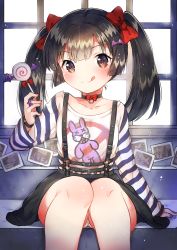 Rule 34 | 1girl, :q, absurdres, arm support, bat hair ornament, black choker, black hair, black skirt, blush, bow, brown eyes, candy, choker, closed mouth, collarbone, day, fingernails, food, hair bow, hair ornament, head tilt, highres, holding, holding candy, holding food, holding lollipop, ichihaya, jewelry, lollipop, long hair, long sleeves, looking at viewer, nail polish, original, panties, pantyshot, print shirt, red bow, red nails, ring, shirt, sitting, skirt, sleeves past wrists, smile, solo, striped, sunlight, suspender skirt, suspenders, swirl lollipop, tongue, tongue out, twintails, underwear, white panties, white shirt, window