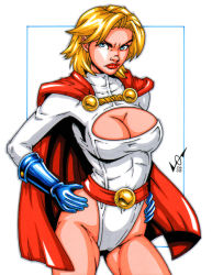 Rule 34 | 1girl, alien, angry, blonde hair, blue eyes, bodysuit, breasts, cape, cleavage, cleavage cutout, clothing cutout, dc comics, garrett blair, hand on own hip, leotard, lipstick, looking at viewer, makeup, power girl, red cape, short hair, solo, standing, superman (series), thighs, white leotard