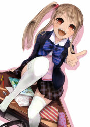 Rule 34 | 1girl, :d, blush, book, bow, brown hair, dutch angle, eraser, highres, long hair, mole, mole under eye, no shoes, open mouth, original, paper, pisuke, plaid, plaid skirt, pointing, red eyes, side ponytail, sitting, skirt, smile, solo, thighhighs, tombow mono, white thighhighs