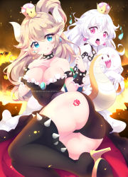 Rule 34 | 2girls, absurdres, armlet, ass, bare shoulders, black dress, black legwear, blonde hair, blue eyes, boo (mario), bowser logo, bowser tattoo, bowsette, bracelet, breasts, cleavage, collar, dress, high heels, highres, horns, inkspirate, jewelry, large breasts, leg tattoo, leotard, long hair, looking at viewer, luigi&#039;s mansion, mario (series), multiple girls, new super mario bros. u deluxe, nintendo, open mouth, pink eyes, pointy ears, princess king boo, sitting, smile, spiked armlet, spiked bracelet, spiked collar, spikes, super crown, tattoo, thighhighs, tongue, tongue out, white hair