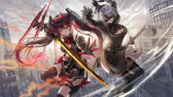 Rule 34 | 2b (nier:automata), 2girls, arms up, black dress, black thighhighs, blindfold, boots, breasts, closed mouth, commentary request, dress, grey hair, hair ornament, high heels, highres, korean commentary, large breasts, long hair, lucia: dawn (punishing: gray raven), lucia (punishing: gray raven), multiple girls, multiple tails, nier:automata, nier (series), outdoors, punishing: gray raven, red eyes, red hair, short hair, silence girl, sword, tail, thigh boots, thighhighs, thighhighs under boots, thighs, twintails, weapon