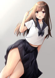 Rule 34 | 1girl, bad id, bad pixiv id, black bow, black sailor collar, black skirt, blush, bow, brown hair, commentary request, gradient background, grey background, hair between eyes, highres, holding, holding own hair, long hair, looking at viewer, midriff peek, minami saki, open mouth, original, pleated skirt, red eyes, sailor collar, school uniform, serafuku, shirt, short sleeves, skirt, solo, very long hair, white background, white shirt