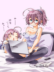 Rule 34 | 10s, 2girls, :&lt;, :p, = =, ahoge, aoba (kancolle), bare shoulders, bed, bed sheet, bespectacled, blush, brand name imitation, breasts, camisole, chibi, cleavage, collarbone, covered erect nipples, full body, glasses, indian style, kantai collection, kinugasa (kancolle), large breasts, looking at viewer, multiple girls, on bed, panties, pantyshot, pillow, ponytail, purple panties, sitting, sogabe toshinori, solid circle eyes, spread legs, strap slip, thighhighs, tongue, tongue out, translated, triangle mouth, twitter username, underwear