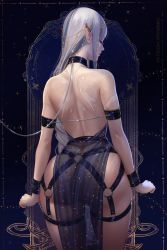 Rule 34 | 1girl, artist name, ass, back, back focus, bare shoulders, chain, clenched hands, closed eyes, collar, from behind, grey hair, hair ornament, highres, long hair, multicolored hair, original, pointy ears, prywinko, restrained, see-through, sidelocks, solo, standing, streaked hair, thighs