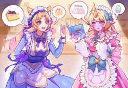 Rule 34 | :d, absurdres, apron, arm behind back, blonde hair, blue bow, blue bowtie, book, bow, bowtie, breasts, cafe cuties gwen, cafe cuties soraka, closed mouth, colored skin, cupcake, dress, food, frilled apron, frills, gem, green bow, green bowtie, gwen (league of legends), hair bow, hand up, highres, holding, holding book, horns, large breasts, league of legends, long hair, maid headdress, multicolored hair, official alternate costume, open book, open mouth, parted bangs, pink dress, pink eyes, pink hair, pink lips, pink skin, raion rennes, single horn, smile, soraka (league of legends), speech bubble, spoken food, teeth, two-tone hair, upper teeth only, waist apron, white apron