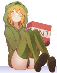 Rule 34 | 1girl, absurdres, at2., black gloves, blush, boots, closed mouth, commentary request, creeparka, creeper, cupa (at2.), explosive, gloves, green footwear, green jacket, highres, holding, hood, hood up, hooded jacket, jacket, long sleeves, minecraft, orange eyes, orange hair, personification, sitting, smile, solo, thigh boots, thighhighs, tnt, tnt block (minecraft), white background