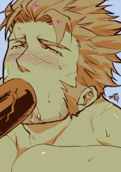 Rule 34 | 1boy, bara, blush, close-up, completely nude, dildo, facial hair, fellatio, highres, jacob (housamo), kiduguch, limited palette, long sideburns, male focus, muscular, nude, oral, orgasm, pectorals, saliva, saliva trail, scar, scar on face, scar on nose, sex toy, short hair, sideburns, solo, stubble, sweat, thick eyebrows, tokyo houkago summoners, upper body