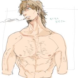 Rule 34 | 1boy, arms at sides, bara, brown hair, chest hair, cropped torso, facial hair, fate/grand order, fate (series), goatee, head tilt, hector (fate), large pectorals, long hair, looking to the side, male focus, mature male, nude, pectorals, ponytail, smoking, solo, thick eyebrows, toned, toned male, translation request, trhhhjc33164