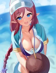 Rule 34 | 1girl, absurdres, bikini, black bikini, blue eyes, blue hat, braid, braided ponytail, breasts, cleavage, coconut, drink, drinking straw, elf, half-closed eyes, hat, highres, large breasts, looking at viewer, misato (princess connect!), misato (summer) (princess connect!), ocean, open clothes, open mouth, pointy ears, princess connect!, red hair, short sleeves, smile, solo, susu 1248, sweatdrop, swimsuit, upper body, visor cap, white bikini