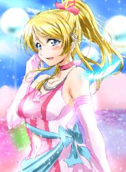 Rule 34 | 1girl, :d, ayase eli, blonde hair, blue eyes, blue feathers, bokutachi wa hitotsu no hikari, choker, clothing cutout, dress, elbow gloves, feathers, flower, gloves, glowing feather, hair flower, hair ornament, hair ribbon, hand on own cheek, hand on own face, jewelry, looking at viewer, love live!, love live! school idol project, navel cutout, necklace, open mouth, pink dress, ponytail, red choker, ribbon, sash, shogo (4274732), smile, solo, sparkle, upper body, white gloves, white ribbon
