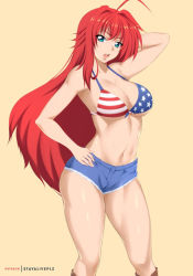 Rule 34 | 1girl, american flag bikini, bikini, bikini top only, blue eyes, boots, breasts, cleavage, cowboy boots, denim, denim shorts, flag print, high school dxd, large breasts, looking at viewer, navel, red hair, rias gremory, shorts, stayaliveplz, swimsuit