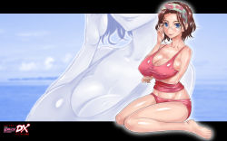 Rule 34 | 1girl, action pizazz, blue eyes, breast lift, breasts, brown hair, cleavage, core-suke, covered erect nipples, glasses, highres, huge breasts, mature female, no bra, official art, official wallpaper, shiny skin, short hair, shorts, sitting, solo, strap gap, tank top, wallpaper, wariza, zoom layer