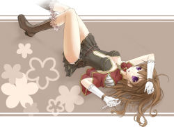 Rule 34 | 1girl, arm above head, ayasa, boots, breasts, brown dress, brown footwear, brown hair, cape, commentary request, creator (ragnarok online), dress, full body, fur-trimmed footwear, fur trim, gloves, hair between eyes, holding, large breasts, long hair, looking at viewer, lying, navel, on back, open mouth, panties, purple eyes, ragnarok online, red cape, short dress, solo, strapless, strapless dress, underwear, vial, white gloves, white panties