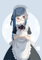 Rule 34 | 1girl, absurdres, alternate costume, apron, bespectacled, black dress, brown eyes, cowboy shot, dress, enmaided, frilled apron, frills, fyuo, glasses, grey hair, highres, kantai collection, kasumi (kancolle), long hair, looking at viewer, maid, maid headdress, neck ribbon, red ribbon, ribbon, side ponytail, solo, white apron