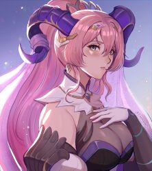 Rule 34 | 1girl, absurdres, breasts, cleavage, crying, curled horns, evomanaphy, fire emblem, fire emblem heroes, gloves, gradient hair, hair ornament, hairband, highres, horns, large breasts, long hair, multicolored hair, nerthuz (fire emblem), nintendo, pink hair, purple eyes, purple hair, sleeveless, solo, tears, two-tone hair, veil