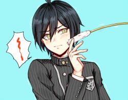 Rule 34 | 1boy, ahoge, black hair, black jacket, blue background, blush, cat teaser, closed mouth, commentary request, danganronpa (series), danganronpa v3: killing harmony, gakuran, green background, hair between eyes, hand up, jacket, long sleeves, male focus, meipoi, saihara shuichi, school uniform, short hair, simple background, solo, speech bubble, striped clothes, striped jacket, trembling, upper body, yellow eyes