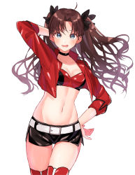 Rule 34 | 1girl, :d, absurdres, ahoge, bad id, bad pixiv id, belt, belt buckle, black bow, black shorts, blue eyes, boots, bow, bra, breasts, brown hair, buckle, choker, cleavage, collarbone, cowboy shot, crop top, fate/stay night, fate (series), floating hair, groin, hair bow, hand in own hair, hand on own hip, highres, jacket, long hair, long sleeves, looking at viewer, lq saku, medium breasts, midriff, navel, official alternate costume, open clothes, open jacket, open mouth, race queen, red bra, red footwear, red jacket, shiny clothes, shiny skin, short shorts, shorts, side slit, simple background, smile, solo, standing, stomach, thigh boots, thigh gap, thighhighs, tohsaka rin, underwear, very long hair, white background, white belt, zettai ryouiki