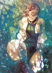 Rule 34 | 1boy, ahoge, black eyes, black shirt, brown gloves, brown hair, closed mouth, denim powell, flower, full body, gloves, grass, highres, jacket, jewelry, long sleeves, male focus, miyama (lacrima01), necklace, outdoors, shirt, short hair, smile, solo, tactics ogre, white jacket