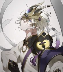 Rule 34 | 1boy, closed mouth, collar, commentary request, fate/grand order, fate (series), from side, grey eyes, hair between eyes, horned mask, looking at viewer, male focus, mask, masked, niku (fjs 1018), prince of lan ling (fate), short hair, simple background, solo, upper body, white hair
