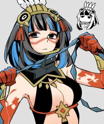Rule 34 | 1girl, bare shoulders, black hair, blood, blood on hands, blue hair, bracer, breasts, chibi, colored inner hair, detached collar, facepaint, fate/grand order, fate (series), feathers, grey eyes, halterneck, headdress, high collar, highres, looking at viewer, medium breasts, multicolored hair, naosuke (morioka shachuu), short hair, sidelocks, tassel, tenochtitlan (fate), tenochtitlan (first ascension) (fate), whip