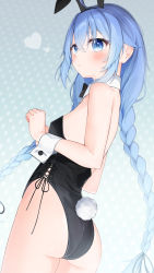 Rule 34 | 1girl, :o, animal ears, ass, bare shoulders, black bow, black bowtie, black hairband, black leotard, blue eyes, blue hair, blush, bow, bowtie, braid, collar, commentary request, detached collar, fake animal ears, from side, hair between eyes, hairband, heart, highres, hijouguti, leotard, long hair, looking away, looking to the side, low twintails, mushoku tensei, parted lips, playboy bunny, polka dot, polka dot background, rabbit ears, rabbit tail, roxy migurdia, solo, tail, twin braids, twintails, very long hair, white collar, wrist cuffs