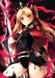 Rule 34 | 1girl, aura, black leotard, black nails, black thighhighs, blonde hair, blush, breasts, cape, closed mouth, cowboy shot, earrings, ereshkigal (fate), fate/grand order, fate (series), hair ribbon, hand on own hip, holding, holding sword, holding weapon, jewelry, koruta (nekoimo), leotard, long hair, looking at viewer, nail polish, parted bangs, red cape, red eyes, red ribbon, ribbon, single thighhigh, small breasts, solo, sword, thighhighs, tiara, tohsaka rin, two side up, v-shaped eyebrows, weapon
