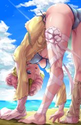 Rule 34 | 1girl, ass, bandages, beach, bent over, bikini, blue bikini, blue eyes, breasts, cleavage, cloud, day, detached sleeves, double bun, fate/grand order, fate (series), frankenstein&#039;s monster (fate), frankenstein&#039;s monster (swimsuit saber) (fate), frankenstein&#039;s monster (swimsuit saber) (first ascension) (fate), from below, full body, hair bun, hair ornament, hair over one eye, hairclip, headgear, highres, horns, kurimaru kinton, leg ribbon, looking at viewer, medium breasts, ocean, open clothes, open mouth, open shirt, outdoors, pink hair, ribbon, shirt, single detached sleeve, single horn, single leg pantyhose, sky, solo, swimsuit, thighs, touching toes, yellow shirt