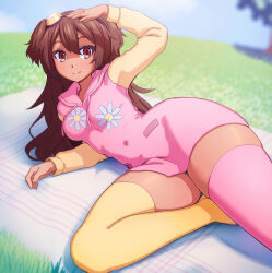 Rule 34 | 1girl, asymmetrical legwear, breasts, brown eyes, brown hair, goggles, goggles on head, grass, highres, hip focus, hood, hoodie, long hair, lying, medium breasts, on side, outdoors, pink hoodie, pink thighhighs, sky, smile, solo, tan, thick thighs, thighhighs, thighs, yellow thighhighs, zoryc