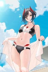 Rule 34 | 1girl, azur lane, bare arms, bare shoulders, bikini, black bikini, black hair, black nails, blue sky, breasts, cirilla lin, cleavage, cloud, day, demon horns, ear piercing, eyes visible through hair, hair between eyes, highres, holding, holding towel, horns, looking at viewer, medium breasts, nail polish, navel, navel piercing, outdoors, parted lips, piercing, revision, sky, solo, standing, stomach, swimsuit, towel, ulrich von hutten (azur lane), yellow eyes