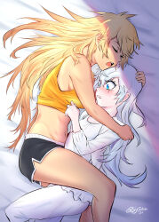 Rule 34 | 2girls, blonde hair, blue eyes, blush, breasts, closed eyes, commentary, dolphin shorts, drooling, english commentary, highres, hug, long hair, lying, medium breasts, messy hair, midriff, multiple girls, navel, on side, pajamas, rwby, shorts, signature, sleeping, small breasts, sytokun, tank top, very long hair, weiss schnee, white hair, yang xiao long, yellow tank top, yuri