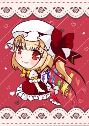 Rule 34 | 1girl, back bow, blonde hair, blunt bangs, bow, bowtie, chibi, closed mouth, commentary request, diagonal stripes, flandre scarlet, floral background, frilled bowtie, frilled skirt, frilled sleeves, frills, from side, hat, hat ribbon, heart, long hair, mizukura-mk2, mob cap, multicolored wings, puffy short sleeves, puffy sleeves, rainbow order, rainbow wings, red background, red eyes, red ribbon, red skirt, red vest, ribbon, rose background, shirt, short sleeves, side ponytail, simple background, skirt, skirt set, smile, solo, striped, striped background, touhou, vest, white bow, white hat, white shirt, wings, yellow bow, yellow bowtie