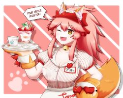 Rule 34 | 1girl, animal ear fluff, animal ears, animal hands, bell, breasts, cleavage, collar, collarbone, english text, fang, fate/grand order, fate (series), food, fox ears, fox girl, fox tail, gloves, hair ribbon, highres, jingle bell, keita naruzawa, large breasts, long hair, looking at viewer, lostroom outfit (fate), neck bell, official alternate costume, one eye closed, open mouth, parfait, paw gloves, pink hair, ponytail, red ribbon, ribbon, solo, speech bubble, tail, tamamo (fate), tamamo cat (fate)