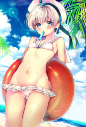Rule 34 | 1girl, ass, bad id, bad pixiv id, beach, bikini, blue eyes, blue sky, blush, breasts, clothes writing, cloud, commentary request, covered erect nipples, day, gluteal fold, groin, hair between eyes, hair ornament, hair ribbon, hat, highres, holding, holding swim ring, innertube, irokiiro, kantai collection, looking at viewer, microskirt, mouth hold, navel, ocean, open mouth, outdoors, ribbon, sailor bikini, sailor collar, sailor hat, short hair, silver hair, skirt, sky, small breasts, solo, standing, string bikini, swim ring, swimsuit, thighs, tree, tupet, twitter username, water, waves, wet, white bikini, white hat, z1 leberecht maass (kancolle)