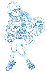 Rule 34 | 10s, 1girl, amplifier, bbb (friskuser), blue theme, breasts, commentary request, electric guitar, emblem, girls und panzer, guitar, hair between eyes, hat, highres, instrument, keizoku (emblem), keizoku school uniform, crossed legs, loafers, long hair, long sleeves, medium breasts, mika (girls und panzer), monochrome, one eye closed, pleated skirt, plectrum, revision, school uniform, shoes, sidelocks, sitting, skirt, smile, socks, solo, strap, sweater, white background