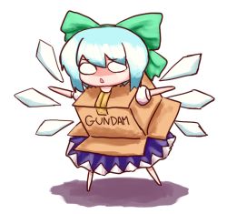 Rule 34 | 1girl, bad id, bad pixiv id, blue hair, box, cardboard box, cardboard box gundam, chibi, cirno, copyright name, gundam, hal360, ice, ice wings, o o, outstretched arms, parody, simple background, solo, standing, touhou, white background, wings