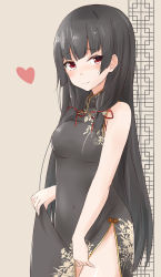 Rule 34 | 10s, 1girl, absurdres, alternate costume, bare arms, bare shoulders, black dress, black hair, blush, breasts, china dress, chinese clothes, clothes lift, cowboy shot, dress, dress lift, hair ribbon, highres, isokaze (kancolle), kantai collection, lifted by self, long hair, looking at viewer, md5 mismatch, medium breasts, red eyes, resized, ribbon, saku (kudrove), sidelocks, smile, solo, upscaled