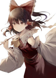 Rule 34 | 1girl, ascot, bare shoulders, bow, breasts, brown eyes, brown hair, closed mouth, commentary request, detached sleeves, floating hair, frilled hair tubes, frilled shirt collar, frills, gohei, hair between eyes, hair bow, hair tubes, hakurei reimu, hand up, highres, holding, holding stick, light blush, long hair, looking at viewer, red bow, red skirt, red vest, simple background, skirt, small breasts, smile, solo, stick, touhou, vest, white background, wide sleeves, yellow ascot, yuki (popopo)