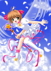 Rule 34 | 1990s (style), 1girl, angel, cardcaptor sakura, child, flipper, hoshi no tsue, kinomoto sakura, magical girl, ribbon, solo, thighhighs, wand, wings