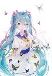 Rule 34 | 1girl, absurdres, arm ribbon, beamed eighth notes, blue collar, blue eyes, blue hair, bug, butterfly, butterfly on hand, collar, commentary, cowboy shot, dress, fortissimo, hair ornament, hair ribbon, hatsune miku, heart, heart print, highres, holding, holding paintbrush, index finger raised, insect, long hair, looking at viewer, musical note, musical note hair ornament, musical note print, open mouth, osage (8545675), paintbrush, pinky out, ribbon, sailor collar, skirt, smile, solo, star (symbol), star print, twintails, very long hair, vocaloid, white background, white dress