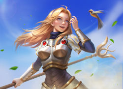 Rule 34 | 1girl, absurdres, ahoge, animal, armor, bird, blonde hair, blue eyes, blue sky, breastplate, hairband, highres, holding, holding staff, jing zhou, leaf, league of legends, lens flare, long hair, long sleeves, looking at animal, lux (league of legends), open mouth, see-through, sky, smile, solo, staff, teeth, upper body, wind