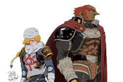 Rule 34 | 2boys, androgynous, armor, artist name, assemblerones, back-to-back, bandages, blonde hair, braid, cape, closed mouth, dated, eye contact, ganondorf, genderswap, genderswap (ftm), gerudo, glaring, hair over one eye, height difference, jewelry, long hair, looking at another, mask, multiple boys, nintendo, red eyes, red hair, reverse trap, scowl, sheik, sheikah, short hair, sideburns, signature, simple background, the legend of zelda, the legend of zelda: ocarina of time, turban