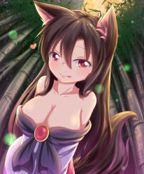 Rule 34 | 1girl, absurdres, animal ears, bamboo, bamboo forest, bare shoulders, blush, breasts, brown hair, cleavage, dior-zi, forest, full moon, highres, imaizumi kagerou, long hair, long sleeves, looking at viewer, moon, nature, off shoulder, red eyes, smile, solo, tail, tongue, tongue out, touhou, upper body, wolf ears, wolf tail