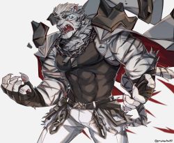Rule 34 | 1boy, animal ears, arknights, bara, black tank top, chain, chain necklace, coat, coat on shoulders, covered abs, fighting stance, fingernails, furry, furry male, glowing, glowing eyes, graysheartart, highres, jewelry, large pectorals, male focus, mountain (arknights), muscular, muscular male, necklace, pants, pectoral cleavage, pectorals, scar, scar across eye, scar on face, sharp fingernails, shirt, short hair, sidepec, solo, tank top, tiger boy, tiger ears, tight clothes, tight shirt, white fur, white hair, white pants, wind