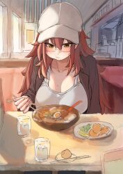 Rule 34 | 1girl, absurdres, baseball cap, black jacket, blush, breasts, character request, chopsticks, cleavage, collarbone, copyright request, cup, eating, food, glasses, hair between eyes, hat, highres, holding, holding chopsticks, indoors, jacket, large breasts, long hair, looking at food, looking down, marse (rokudaime), mole, mole on breast, noodles, original, plate, ramen, red hair, solo, table, tank top, white hat, yellow eyes