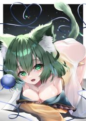 Rule 34 | 1girl, :d, absurdres, all fours, animal ear fluff, animal ears, bare shoulders, blouse, border, breasts, cat ears, cat tail, cleavage, clothes pull, commentary request, dfra, fang, green eyes, green hair, hair between eyes, heart, heart-shaped pupils, heart of string, highres, kemonomimi mode, komeiji koishi, looking at viewer, medium breasts, off shoulder, open mouth, outside border, shirt, shirt pull, short hair, skin fang, smile, solo, symbol-shaped pupils, tail, tail raised, third eye, touhou, white border, yellow shirt