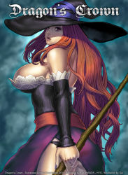 Rule 34 | 1girl, ass, bare shoulders, breasts, brown hair, daichan mona, detached sleeves, dragon&#039;s crown, dress, hat, highres, large breasts, lips, long hair, looking back, panties, red hair, side slit, sideboob, solo, sorceress (dragon&#039;s crown), staff, strapless, strapless dress, underwear, witch hat