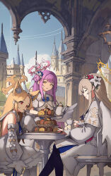 Rule 34 | 3girls, angel wings, animal ear fluff, animal ears, bare shoulders, bespin, blonde hair, blue archive, blush, cake, capelet, closed eyes, closed mouth, day, detached sleeves, dress, feathered wings, flower, food, fox ears, hair bun, hair flower, hair ornament, halo, highres, light brown hair, long hair, long sleeves, mika (blue archive), multiple girls, nagisa (blue archive), open mouth, outdoors, pink flower, pink hair, pink halo, purple flower, red eyes, seia (blue archive), single side bun, sleeves past fingers, sleeves past wrists, swiss roll, tea party (blue archive), white capelet, white dress, white flower, white wings, wings, yellow eyes, yellow halo